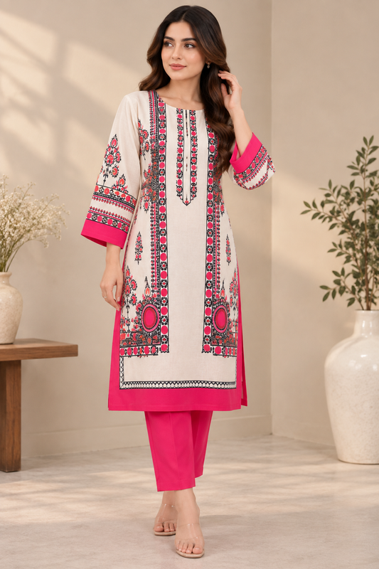 WOMEN LIVA BEIGE PRINTED KURTA WITH COMFORT PANT