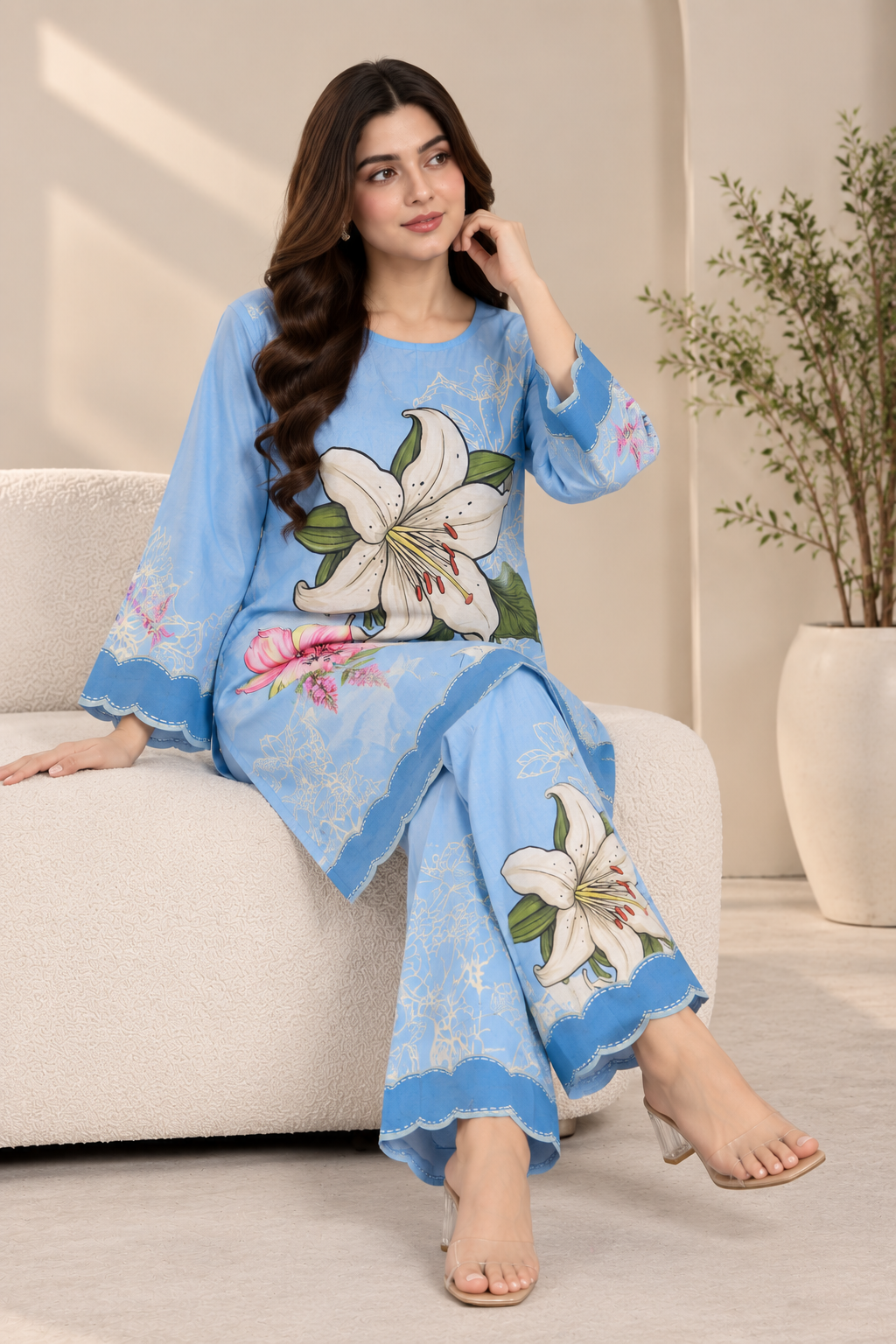 WOMEN LIVA BEIGE PRINTED KURTA WITH COMFORT PANT