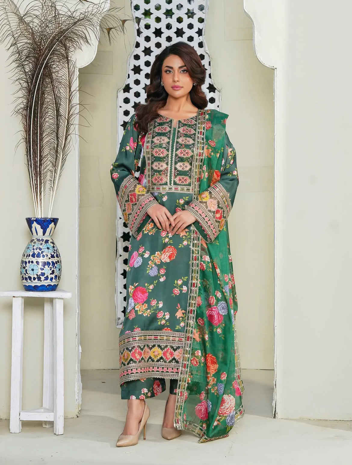 Ghania 3pc Embroidered+ Printed