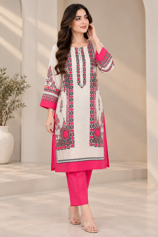 WOMEN LIVA BEIGE PRINTED KURTA WITH COMFORT PANT