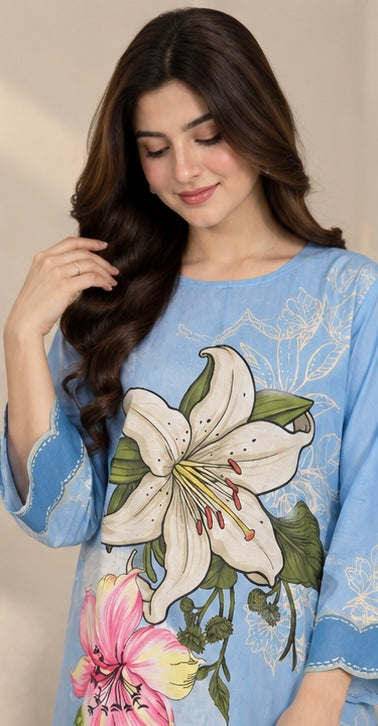 WOMEN LIVA BEIGE PRINTED KURTA WITH COMFORT PANT