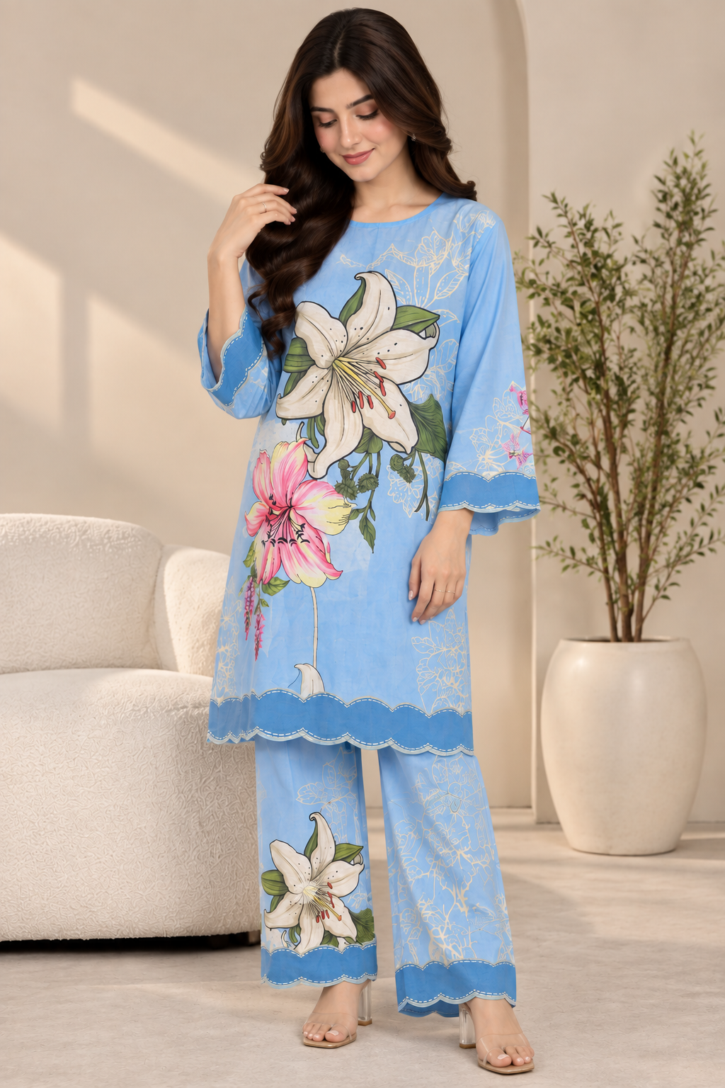 WOMEN LIVA BEIGE PRINTED KURTA WITH COMFORT PANT