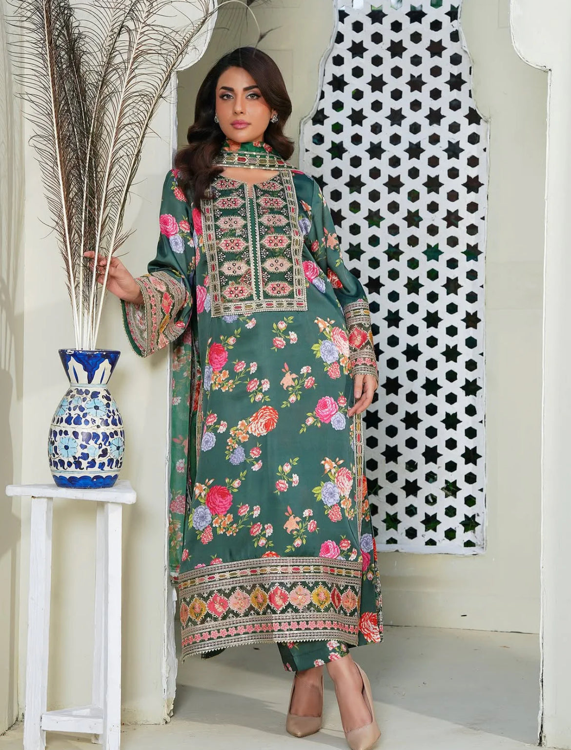Ghania 3pc Embroidered+ Printed